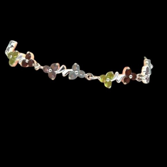 Sterling Silver Floral Bracelet Amethyst, Garnet, Topaz, & Peridot Color Stones - Picture 3 of 6